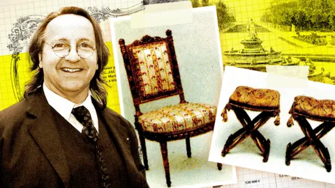 A collage featuring Bill Pallot wearing round glasses and a dark three-piece suit, a picture of a forged chair that looks as if it's been taped to the collage, a picture of two forged stools that have also been taped to the collage - all imposed on a yellow background featuring a water fountain in the gardens of Versailles Palace.