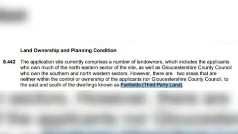 Cheltenham Borough Council/Tewkesbury Borough Council A screenshot of a planning condition, which reads "The application site currently comprises a number of landowners, which includes the applicants who own much of the north eastern sector of the site, as well as Gloucestershire County Council who own the southern and north western sectors. However, there are two areas that are neither within the control or ownership of the applicants nor Gloucestershire County Council, to the east and south of the dwellings known as Fairfields (third party land)."