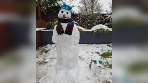 TalkingToolbox A snowman in a garden wearing a hat and scarf beside a small 'snow dog' in a garden. 