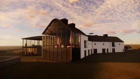 A computer generated image of the exterior of the distillery. It is a mix of modern and traditional. It is a long building landscape-wise with white walls. The end has floor to ceiling windows where you can see the barrels of whiskey. 