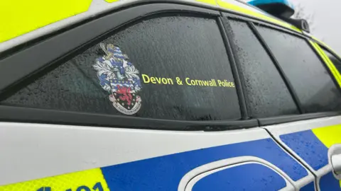 A picture of the side of a police car. There is the police force logo on the side of the window. The car is blue and green in colour.
