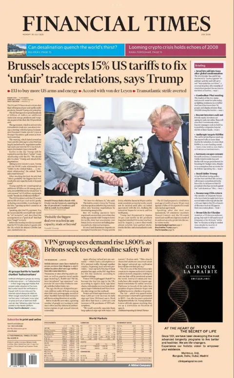 The title is read on the first page of the Vinanchel: "Brussels accepts 15 % of the American customs tariff to repair trade relations 