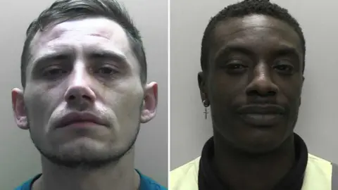 Police mugshots of a man with a pale face and a light beard and moustache with a blue top and shedding tears and another man who is black with a crucifix earring and a yellow and black top.