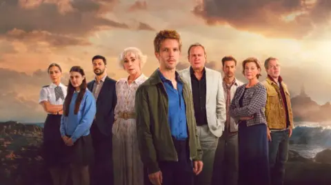 UKTV A promotional image showing the cast of the new series of Bergerac against a backdrop featuring sun, sky, clouds and sea 