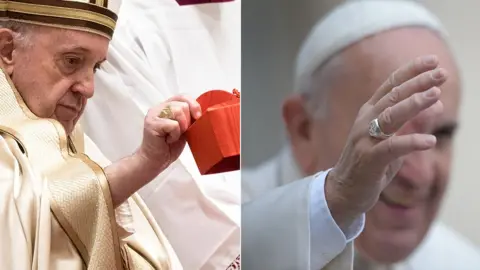 Getty Images Pope Francis's Fisherman's Ring is seen during a ceremony in 2020 (left) and he is pictured wearing a simple silver ring as he greets people in St Peter's Square in 2015 (right) 