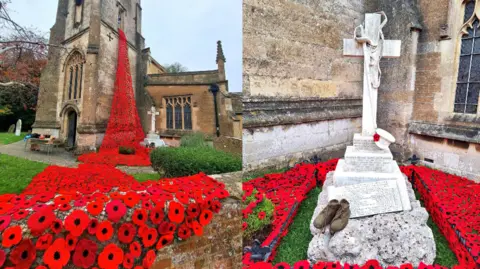 Holt Residents Two pictures together: on the left, the cascade of handmade poppies from the ground, draping over the churchyard, round the war memorial and up to a window of the belltower. On the right, closer up of the war memorial next to the church, which is a cross. Surrounded by knitted poppies all over the grass, there are a pair of knitted soldiers boots at the base.