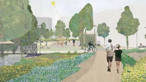 An artist's impression of Tonbridge & Malling Borough Council's vision for the town. It features a walk way, lined with trees, flowers and vegetation and people walking and cycling around the town centre.