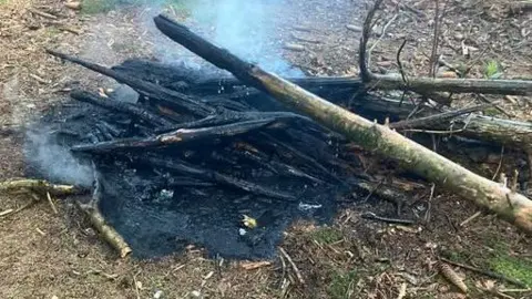 Forestry England A number of burned pieces of wood making up an extinguished campfire in Dalby Forest