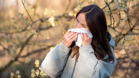 A young woman with long brown hair wearing a grey jacket dabs her eye with tissue, with flowering trees in the background behind her