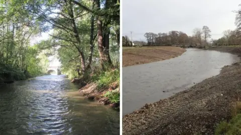 The two photos are side by side. One shows a river lined with trees, the other shows the bare banks with soil sides.