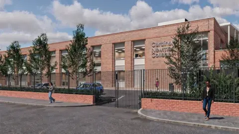 Artist's impression of the new two-storey redbrick building with large vertical windows. The building is behind a small redbrick wall with black railings and four large trees.