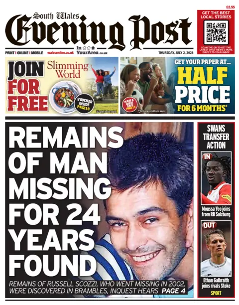 South Wales Evening Post South Wales Evening Post. The main headline reads: Remains of man missing for 24 years found. Remains of Russell Scozzi, who went missing in 2002, were discovered in brambles, inquest hears. 