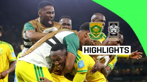 South Africa team celebrating Thapelo Maseko goal 