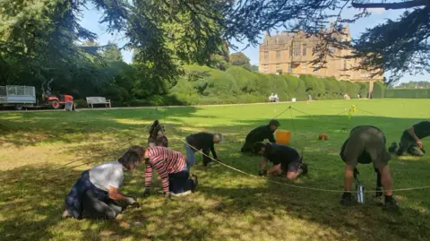 Half a dozen volunteers on their knees on the grass planting bulbs, with Montacute House in the background