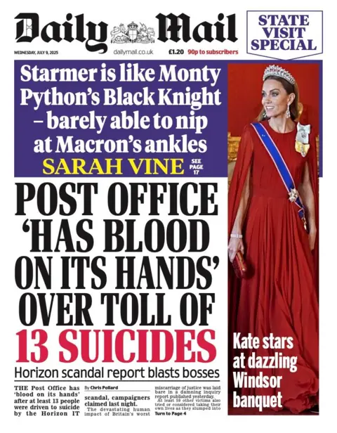"Post Office 'has blood on its hands' over toll of 13 suicides," is the headline on the front page of the Daily Mail
