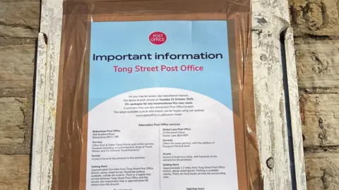 Aisha Iqbal/BBC A notice stuck to a brick wall, announcing a post office closure and offering an apology and advice on alternative services.