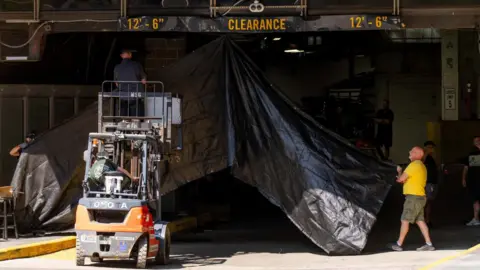 Reuters A tarp is installed for privacy at a loading dock at Madison Square Garden on 1 July 2026.