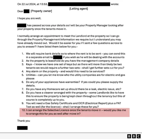 An image of an email thread. The header shows sender and recipient details partially redacted, labeled as “Letting agent” and “Property owner.” The email is dated July 22, 2024, at 13:53 PM. Below the subject line, the message reads: Dear [redacted], I hope you are well. [redacted] has passed across your details as I will be your Property Manager looking after your property once the tenants move in. I normally arrange an appointment to meet the Landlord at the property so I can go through the Property Management Information we require but I understand you may have already moved out. Would it be easier for you if I sent a few questions across to you to answer? I have listed them below for you. 1. We will require bank details as to where the rent is to be sent – you can send this in a separate email to [redacted] if you wish as he will be dealing with the accounts 2. As the property is leasehold do you have the management company details 3. Keys – I know we have one set of keys but as there will more than likely be two tenants we would require a further two sets – shall I get further sets cut for you? 4. Any alarm on the property – and would this need to be serviced? 5. Utilities – can you let me know who the utility companies are for electric and gas please 6. Do any of your appliances have warranties? If yes could you please supply the details. 7. Do you have any Homecare set up should there be a leak, electric issue, etc? 8. Do you have a cleaner arranged with the property – some Landlords like to have this to ensure the property is being kept clean throughout the tenancy but this of course is completely up to you. 9. You will need a Gas Safety Certificate and EICR (Electrical Report) plus a PAT Test as well (for the licence) – shall I arrange these for you? 10. I can arrange the Selective Licence once the tenants move in – would you like me to arrange this for you as well after move in? Thank you [redacted].