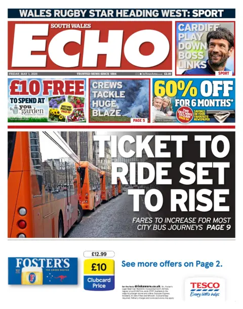 South Wales Echo Front page of the South Wales Echo has a picture of orange city buses and the headline ticket to ride set to rise 