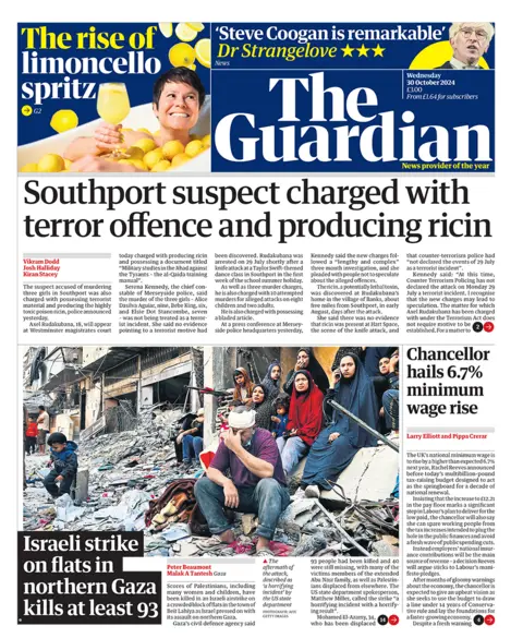 The headline in the Guardian reads: "Southport suspect charged with terror offence and producing ricin". 