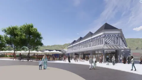 Kirklees Council Artist's impression of the exterior of the transformed Dewsbury Market, with a canopy outside and an outdoor seating space with parasols.