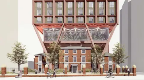 Marrons Artist's impression of the skyscraper over the listed building