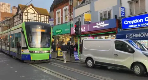 picture of a tram blocked in Croydon