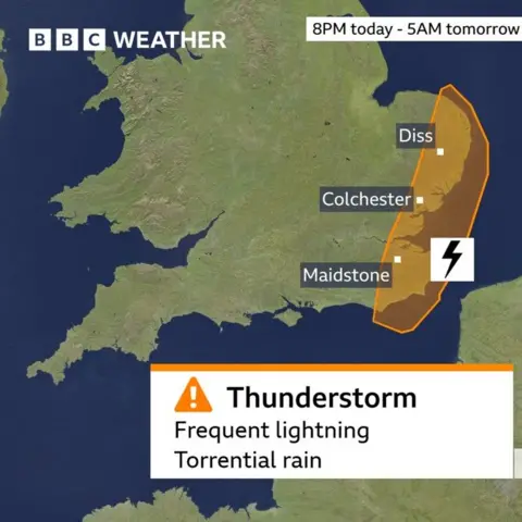 Map showing the area of England covered by the Met Office amber weather warning