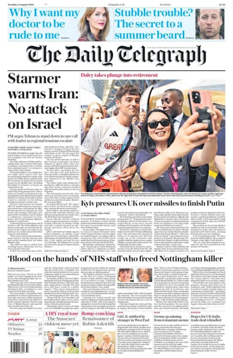 The headline in the Daily Telegraph reads: Starmer warns Iran: No attack on Israel