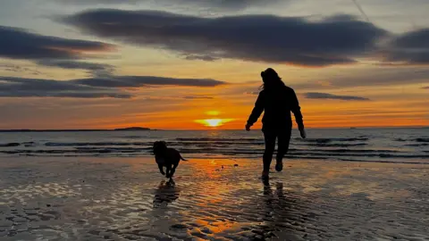 Sunset reflections across wet sand as a silhouetted women and dog run along the shore.