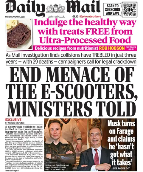 The headline in the Daily Mail reads: "End menace of the e-scooters, ministers told"