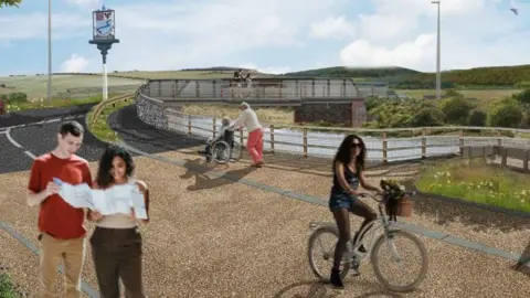 A man and a woman reading a map, a woman cycling and a person pushing some one who is using a wheelchair. All these people are near a bridge which spans over a river. 