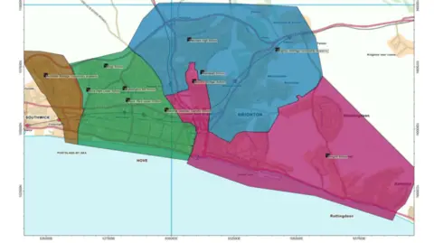 Brighton and Hove City Council A map with different coloured zones for school admissions in Brighton
