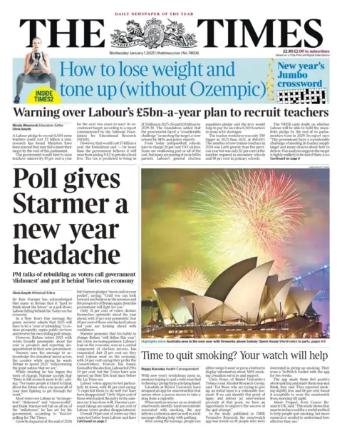 Poll gives Starmer New Year's headache, writes Times front page