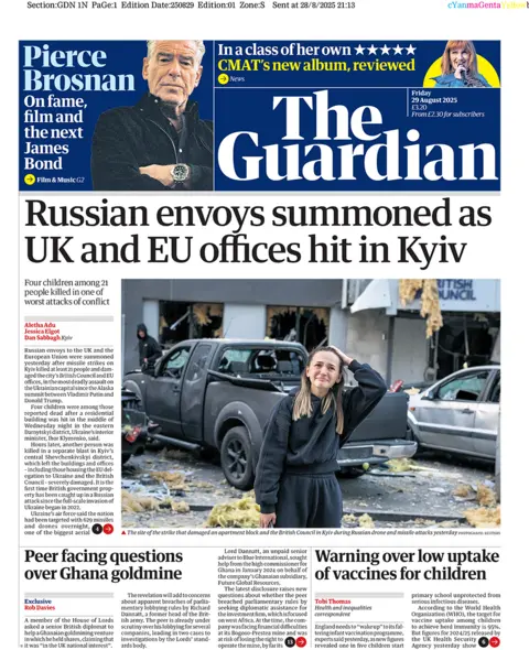 Guardian front page with headline: "Russian envoys summoned as UK and EU offices hit in Kyiv". It has a picture of an upset woman next to a partially destroyed pick up truck and building with blown-out windows.
