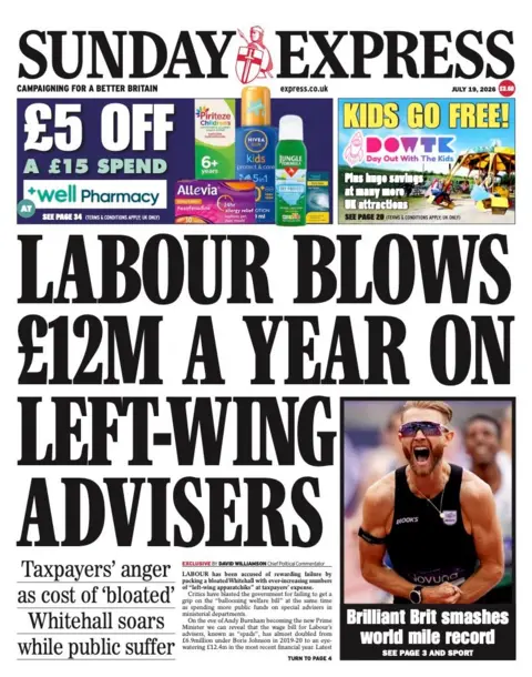 The headline on the front page of the Sunday Express reads: 'Labour blows £12m a year on left-wing advisers.'