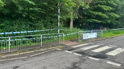 Area of footpath sealed off with white and blue police tape. It is just after a zebra crossing. There are trees behind the footpath 