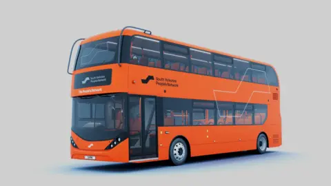 CGI image of a bus in the new South Yorkshire's People's Network brand colour scheme of molten orange and charcoal grey. The words South Yorkshire People's Network appear above the door 