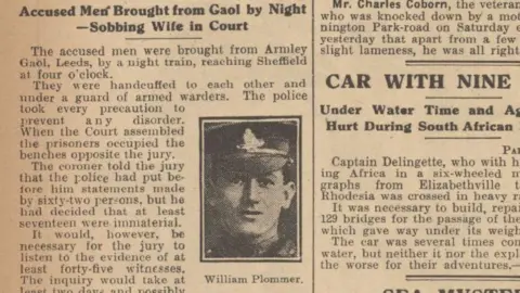 Supplied An old Daily Mirror newspaper article printed in several narrow vertical columns. The paper is yellowed with age and contains text, with bold headlines and densely packed articles covering topics such as crime, courts, sport, and human-interest stories. The article depicted relates to the murder of William Plommer, with the headline "Accused Men Brought from Gaol by Night - Sobbing Wife in Court" and features an image of Plommer on the right.