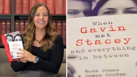 A composite of two pictures. On the left the reporter holding up a book, the on the right a close up of the book. She has chest length light brown hair, a black top and has a broad smile. the book says When Gavin Met Stacey and everything in between. The book also has a black and white photo of James Corden and Ruth Jones' faces close together.