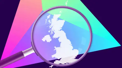 A graphic showing a magnifying glass looking at a map of the United Kingdom. In the background is a multicoloured triangle.