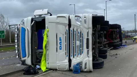 Leicestershire Fire and Rescue Service Lorry overturned on A46.
