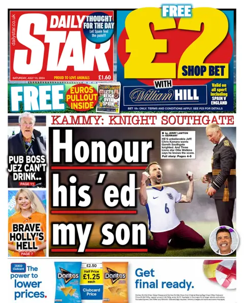 The headline on the front page of the Daily Star reads: "Honour his 'ed my son"