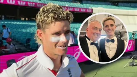 England cricketer Jacob Bethell interviewed on the boundary at Sydney Cricket Ground. He's wearing a white England shirt with a line of white sun block across his face. There is an inset image of Jacob with his former PE teacher. They are both wearing black dinner suits