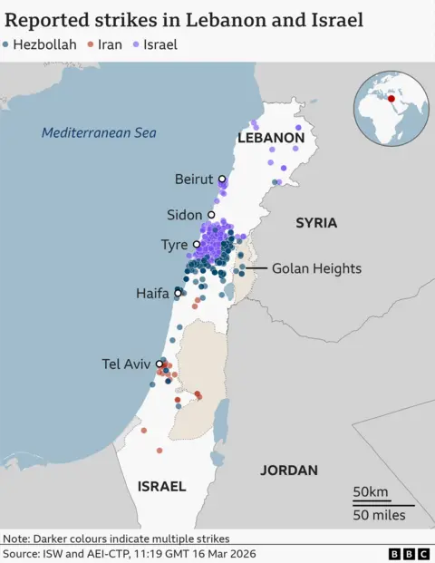 A map of Israel and Lebanon showing locations of reported strikes from the Israeli Defence Force into Lebanon, Hezbollah into northern Israel the border area of southern Lebanon; and Iranian strikes in northern and mid Israel. Source: Institute for the Study of War. 