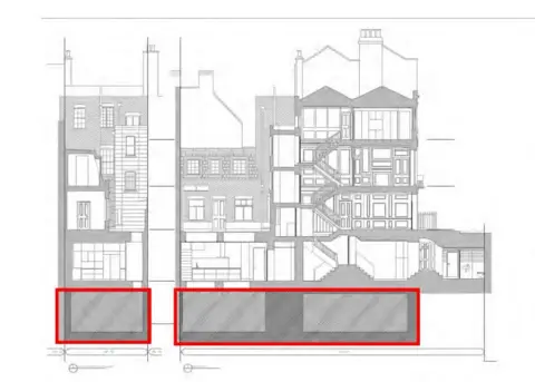 Westminster City Council Plans of the home show an entire sub-basement which has been created, without planning permission. The unauthorised area is highlighted with a red box.