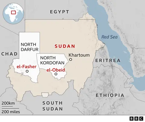 A map showing where el-Fasher, el-Obeid, Khartoum, North Darfur and North Kordofan are in relation to each other