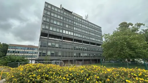 BBC A grey seven-storey office block with lots of windows and metal frames with a tree and yellow flowers in the foreground against a cloudy sky