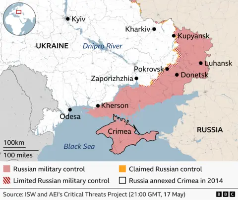 Map showing which areas of east of Ukraine are under Russian military control or limited Russian control.