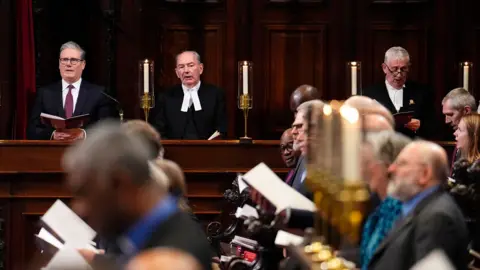 PA Media (Left to right) Prime Minister Sir Keir Starmer, Lord Speaker of the House of Lords Lord Forsyth and Speaker of the House of Commons Sir Lindsay Hoyle 